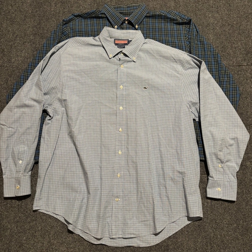 Lot of 2 Vineyard Vines Whale Shirt Mens XL Plaid Button Down Cotton Blue Green